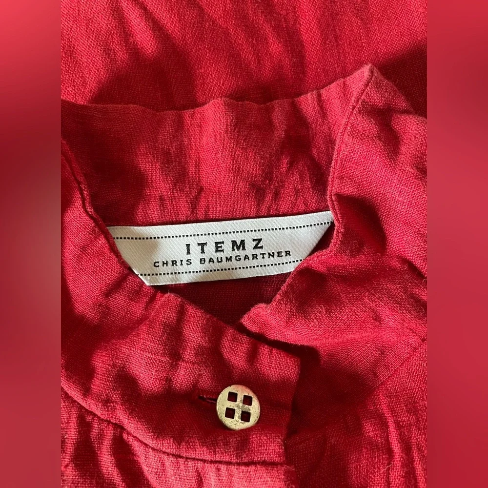 Itemz Chris Baumgartner 100% Linen Top Lagenlook Red Crop Dolman Slv USA OS FLAW - Picture 3 of 16